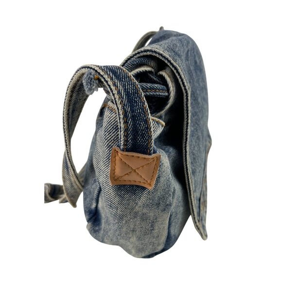 Vintage Denim Shoulder Bag Purse Adjustable Knotted Strap & Leather Accents - Picture 6 of 15
